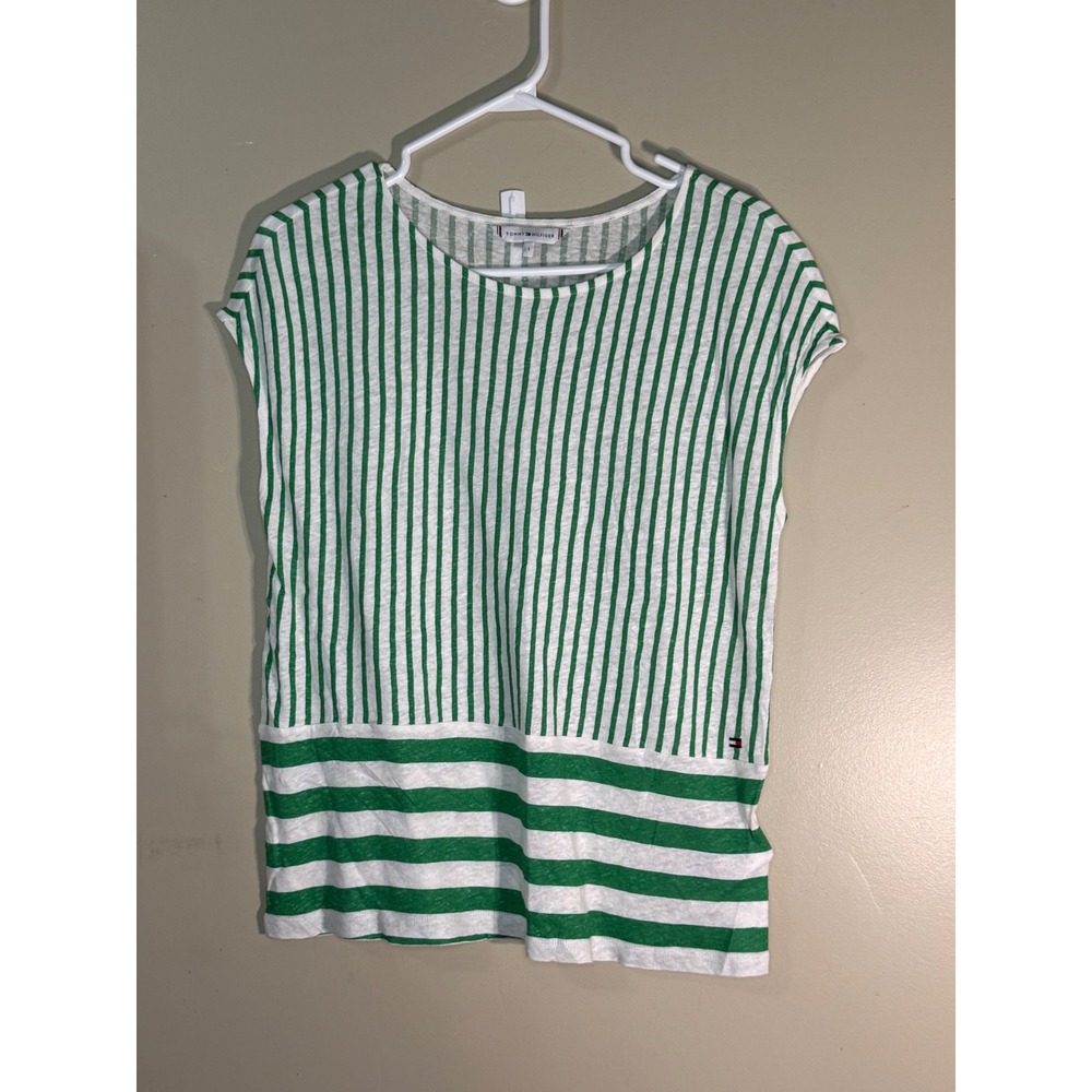 Tommy Hilfiger Green White Striped Cotton Linen Top WW0WW25194 Size Medium
